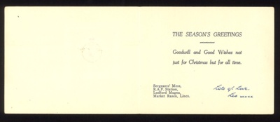 R.A.F. Christmas card (white) & 2 copies - R.A.F. Ludford Magna - Market Rasen - Lincolnshire - (one copy in hut 13); 5315