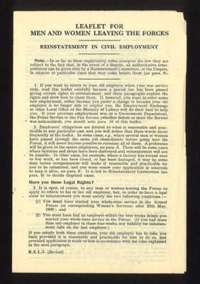 Army Information Leaflet - "For Men And Women Leaving The Forces" - Reinstatement In Civil Employment - November 1945; 1/11/1945; 1778