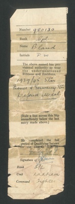 Authorisation to wear medals - "1939/45 Star" "France & Germany Star" "Defence Medal" - Cpl P. Bland - R.A.F. Ludham - 05/02/1945; 5/02/1945; 2050 Authorisation to wear medals - "1939/45 Star" "France & Germany Star" "Defence Medal" - Cpl P. Bland - R.A.F. Ludham - 05/02/1945; 5/02/1945; 2050