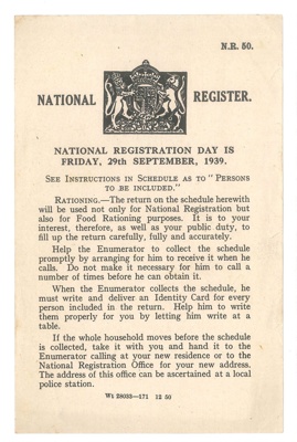 Information leaflet - Food Rationing - "National Registration Day is Friday 29th September 1939"; 29/09/1939; 35458 Information leaflet - Food Rationing - "National Registration Day is Friday 29th September 1939"; 29/09/1939; 35458