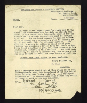 Letter - Ministry of Labour & National Service call up letter - Bevin boy - Norman Taylor - 03/11/1942; 3/11/1942; 6127 Letter - Ministry of Labour & National Service call up letter - Bevin boy - Norman Taylor - 03/11/1942; 3/11/1942; 6127