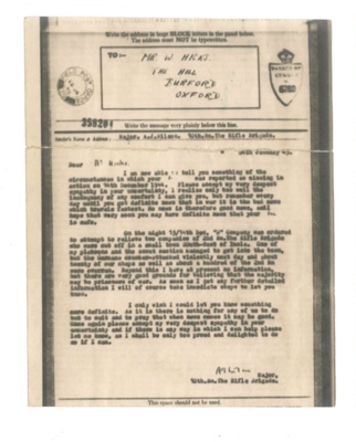 Forces Aerogramme - from Major Wilson to Mr. W. Hicks informing him that his son (RFN R.J. Hicks) was missing in action - 24/01/1945; 24/01/1945; 37467