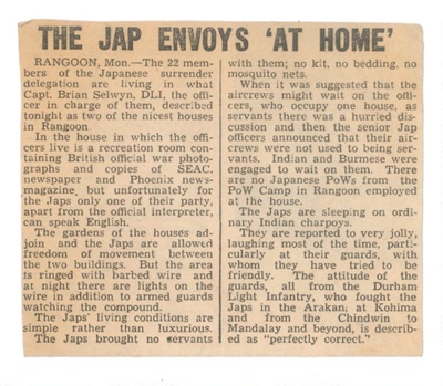 Press cutting - "The Japanese envoy at home" - good living conditions for Japanese officer P.O.W.'s; 36482 Press cutting - "The Japanese envoy at home" - good living conditions for Japanese officer P.O.W.'s; 36482