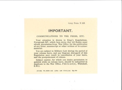 Army form x 105 - "Communications to the press on release from the army"; 35963