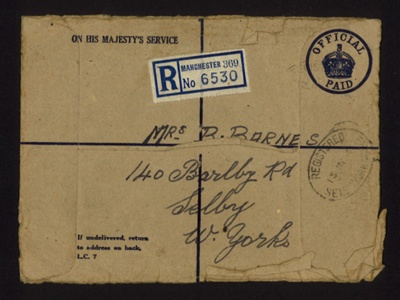 Registered envelope (brown) - Mrs R. Barnes - Selby - 13/05/1941; 13/05/1941; 2200
