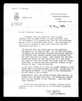 Letter from Major T.J Sulivan to all Falkland families dated 19th May 1982 ; 79692 Letter from Major T.J Sulivan to all Falkland families dated 19th May 1982 ; 79692