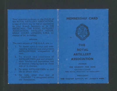 Membership card - "The Royal Artillery Association" - George Coward - Selby - Yorkshire; 34525