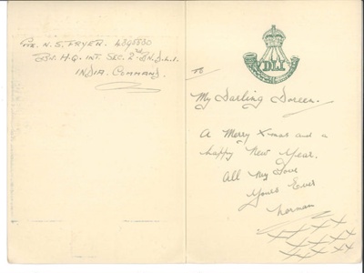 Forces Christmas card - "2nd Division" - India - 1943 - from Pte N.S. Fryer; 25/12/1943; 36500 Forces Christmas card - "2nd Division" - India - 1943 - from Pte N.S. Fryer; 25/12/1943; 36500