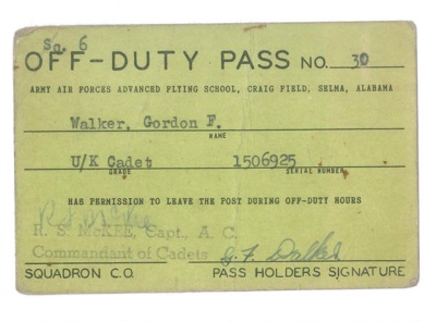 U.S. off-duty pass (green) - U.K. cadet Gordon F. Walker - U.S. Army Air Force Flying School - Alabama; 36861 U.S. off-duty pass (green) - U.K. cadet Gordon F. Walker - U.S. Army Air Force Flying School - Alabama; 36861