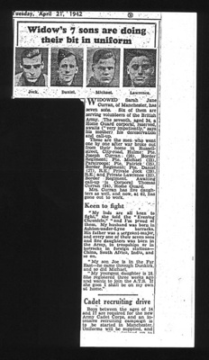 Press cutting - "Widow's seven sons are doing their bit in uniform" - re: Sarah Jane Curran & her seven sons from Manchester - 21/04/1942; 21/04/1942; 9083