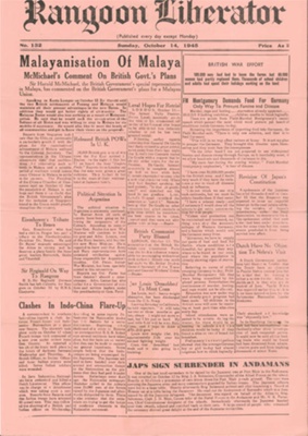 Army newspaper - Rangoon Liberator 14/10/1945 - "Malayanisation of Malaya"; 14/10/1945; 36480