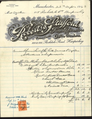 Invoice - "Roberts & Stafford" funeral directors account for services rendered in burial of Samuel Ogden - 23/09/1943; 23/09/1943; 9617 Invoice - "Roberts & Stafford" funeral directors account for services rendered in burial of Samuel Ogden - 23/09/1943; 23/09/1943; 9617