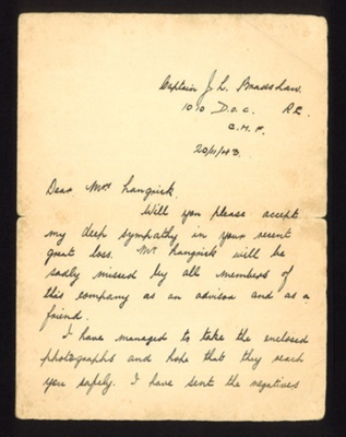 Letter - condolences to Mrs Langrick from Capt. J.L. bradshaw Royal Engineers - 20/11/9143; 20/11/1943; 5038