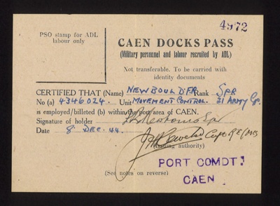 Movement passes (2) - Spr F.R. Newbould 4346024 R.E. - 21st Army Group - for Caen - France - 07/12/1944 & 08/12/1944; 7/12/1944; 5247