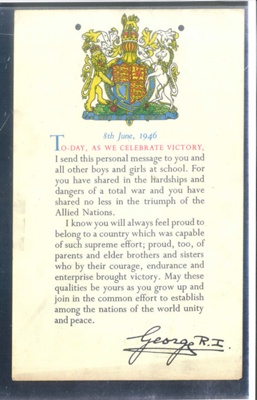 Copy of certificate - awarded to school children to celebrate 1st Anniversary of VE-day - 08/06/1946; 8/06/1946; 36208