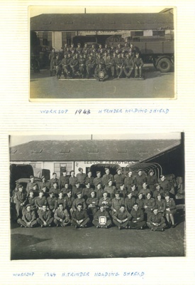 Copies (2) of army group photographs (2) - R.A.S.C. depot worksop 1943 & 1944 (H.A. "Tommy" Trinder holding shield); 37888 Copies (2) of army group photographs (2) - R.A.S.C. depot worksop 1943 & 1944 (H.A. "Tommy" Trinder holding shield); 37888
