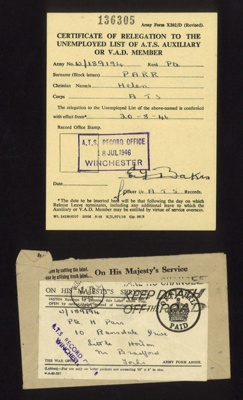 Army form x202/d - "Certificate of Relegation to the Unemployed list of A.T.S. Auxiliary or V.A.D. member" - Pte Helen Parr w/189194 A.T.S. - 20/08/1946; 20/08/1946; 9736