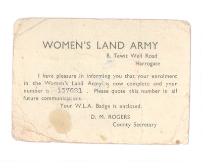 Women's Land Army Enrolment Card - Miss V.E. Marston No: 137621; 36647 Women's Land Army Enrolment Card - Miss V.E. Marston No: 137621; 36647