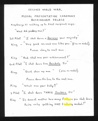 Risqué joke - presentation of medals at Buckingham Palace - Dorniers Heinkels & "Fockers"; 2351 Risqué joke - presentation of medals at Buckingham Palace - Dorniers Heinkels & "Fockers"; 2351