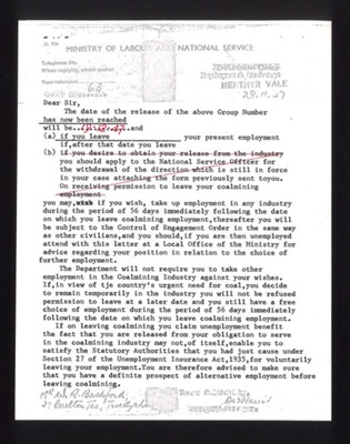 "Bevin Boys" release notification - Ministry of Labour & National Service - Mr W.R. BAshford - 28/11/1947; 28/11/1947; 6114 "Bevin Boys" release notification - Ministry of Labour & National Service - Mr W.R. BAshford - 28/11/1947; 28/11/1947; 6114