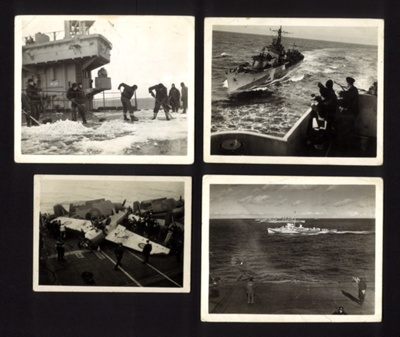 Photographs (9) - crashed aircraft on deck of aircraft Carrier "H.M.S. Trumpeter" (7) - plus escort vessels (2) - one with pennant no: K466; 2654