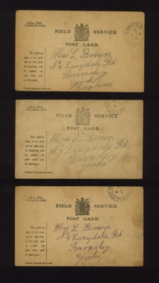Army form 2042 (3) - Field Service Post Card - from T. Brown to L. Brown; 5838