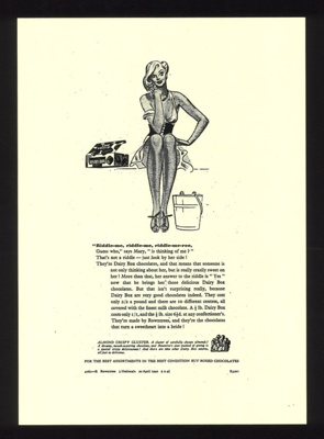 Photocopy of advert - "Rowntree's" dairy box chocolates - "Riddle-me, riddle-me, riddle-me-ree" - 20/04/1940; 20/04/1940; 5072 Photocopy of advert - "Rowntree's" dairy box chocolates - "Riddle-me, riddle-me, riddle-me-ree" - 20/04/1940; 20/04/1940; 5072