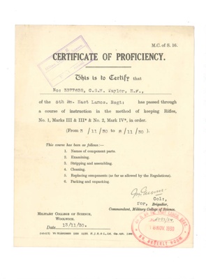 Certificate - "Proficiency in method of keeping rifles in order" - C.S.M. E.F. Taylor - 13/11/1930; 13/11/1930; 34888