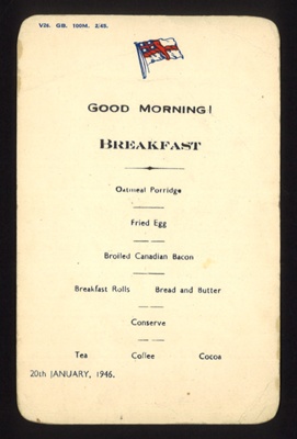 Menu- from the ship S.S. Mataroa, Egypt sailing to Tilbury, England jan 1945; 78858
