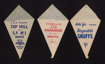 Tobacconist's paper bags - "SHarrow snuffs" - "Top mill snuffs" - "Hignetts snuffs"; 2162 Tobacconist's paper bags - "SHarrow snuffs" - "Top mill snuffs" - "Hignetts snuffs"; 2162
