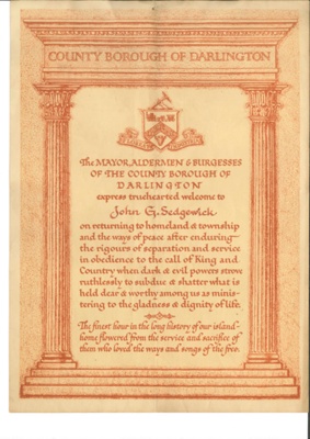 Certificate of gratitude for war service - awarded to J.G. Sedgwick from Darlington borough council; 35610 Certificate of gratitude for war service - awarded to J.G. Sedgwick from Darlington borough council; 35610