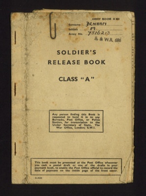 Army book x801 - soldier's release book class "A" - W.O.1 Maurice Denham R.A.M.C. - 25/10/1945; 25/10/1945; 6089