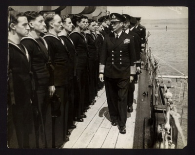 Photograph - H.M. King George VI inspecting Royal Navy personnel aboard unidentified ship; 7693 Photograph - H.M. King George VI inspecting Royal Navy personnel aboard unidentified ship; 7693