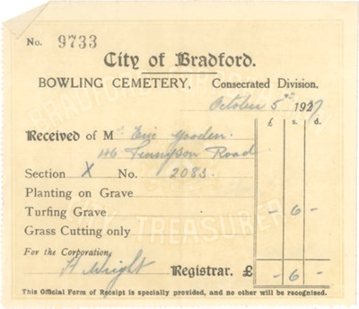 Receipts inside envelope for wife of Norman Gooden - Amy Gooden For Grave Attention at Bowling Cemetery 1927-1937 - Inc some small newspaper clippings regarding Any's Death; 83927