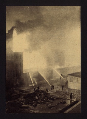 Press photograph - A.F.S. & A.R.P fighting fire in London Warehouse - with original text; 6716
