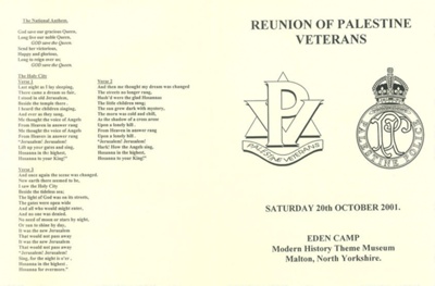 Master and spare copies of Palestine veterans reunion programme - 20/10/2001; 20/10/2001; 37813