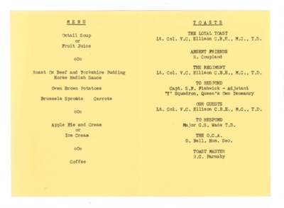 Dinner menu - "East Riding Yeomanry Old Comrades Association" - Annual Dinner & Reunion - 13/11/1982; 13/11/1982; 37279 Dinner menu - "East Riding Yeomanry Old Comrades Association" - Annual Dinner & Reunion - 13/11/1982; 13/11/1982; 37279