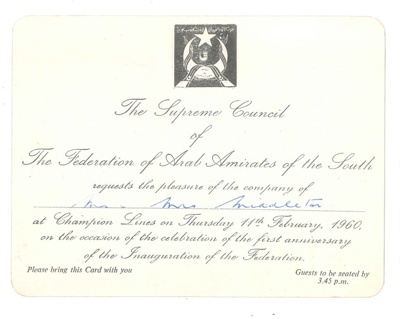 Invitation card - from the Supreme Council of the Federation of Arab Emirates to Mr & Mrs Middleton - 11/02/1960; 11/02/1960; 36551