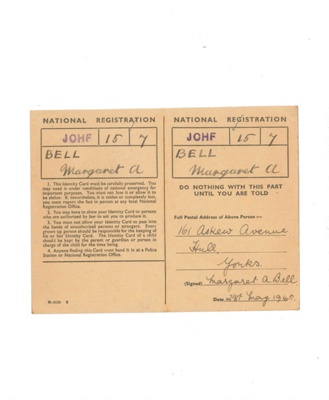 National Registration Identity Card (buff) - Margaret A. bell - Hull - 21/05/1940; 21/05/1940; 34899