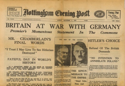 Newspaper - copy of Nottingham evening post 3rd September 1939 "Britain at war with Germany" good condition; 3/09/1939; 70732 Newspaper - copy of Nottingham evening post 3rd September 1939 "Britain at war with Germany" good condition; 3/09/1939; 70732