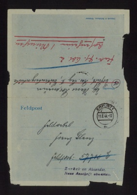 Handwritten letter from Hans Rosenauer to Franz Glanz. sent 10/08/1944 Erfurt. in German with English translation. Franz Glanz a POW at Eden Camp.; 71528