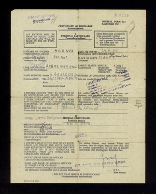 Certificate of discharge - Helmut Mildner - ex Eden Camp German P.O.W. No. 1 PW Transit Camp Munster-Lager; 29435