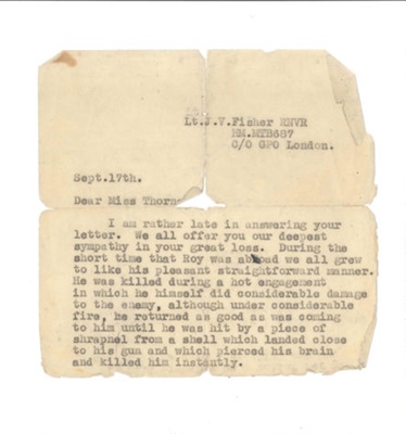 Typescript letter - to Miss Eileen Thorn re: death of A/B Roy Tomkins - from Lt J.V. Fisher R.N.V.R.; 37714 Typescript letter - to Miss Eileen Thorn re: death of A/B Roy Tomkins - from Lt J.V. Fisher R.N.V.R.; 37714