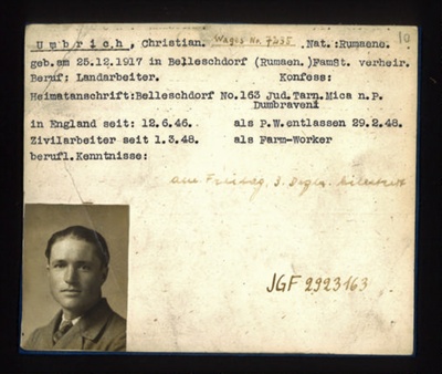German P.O.W. record card - Christian Umbrich - Rumanian - Dob 25/12/1917; 6636