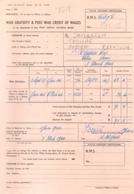 Royal Navy form s1599 - War Gratuity and Post War Credit of Wages - Tom Sanderson - £91/18s/0d - 05/01/1946; 5/01/1946; 38308