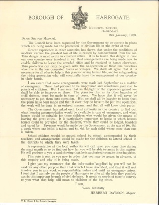 Letter from Harrogate borough council to householders in preparation for government evacuation scheme - 18/01/1939; 18/01/1939; 36249
