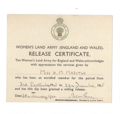 Women's Land Army Release Certificates (2) - Miss V.E. Marston & Miss H.M. Marston - 03/09/1943 to 29/12/1945; 29/12/1945; 36649 Women's Land Army Release Certificates (2) - Miss V.E. Marston & Miss H.M. Marston - 03/09/1943 to 29/12/1945; 29/12/1945; 36649