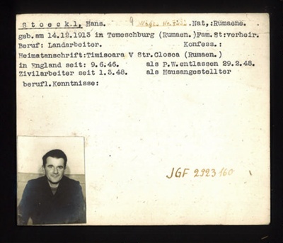 German P.O.W. record card - Hans Stoeckl - Rumanian - Dob 14/12/1913; 6633