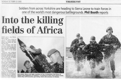 Press cutting - Yorkshire Post 23/10/2000 - "Soldiers from Yorkshire head to Sierra Leone"; 23/10/2000; 38089 Press cutting - Yorkshire Post 23/10/2000 - "Soldiers from Yorkshire head to Sierra Leone"; 23/10/2000; 38089