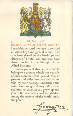 Victory certificate awarded to Britain's school children - "Today, as we celebrate Victory" 08/06/1946; 8/06/1946; 38043